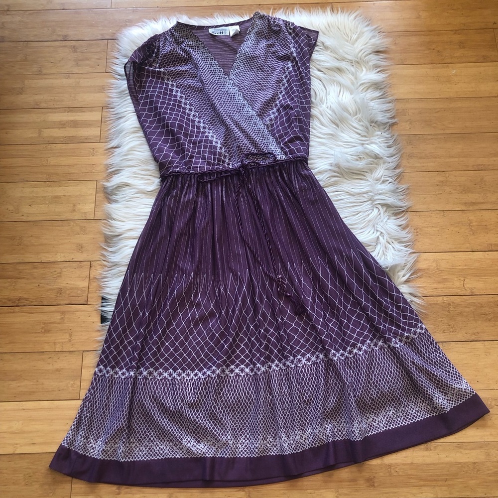 Vintage Sue Brett Faux Wrap Flutter Sleeves Mixed Geometric Print Dress size S